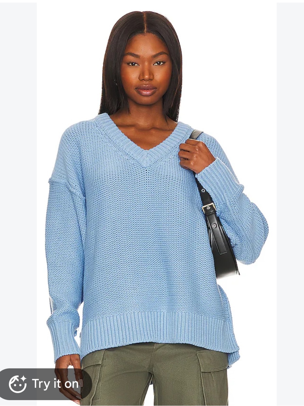 Free People Ali V Neck Sweater in Placid Blue Oversized Cotton Large